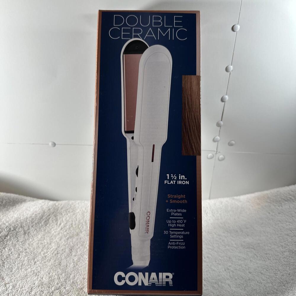 New Conair 1 1/2" Double Ceramic Flat Iron White Straighten & Smooth Hair